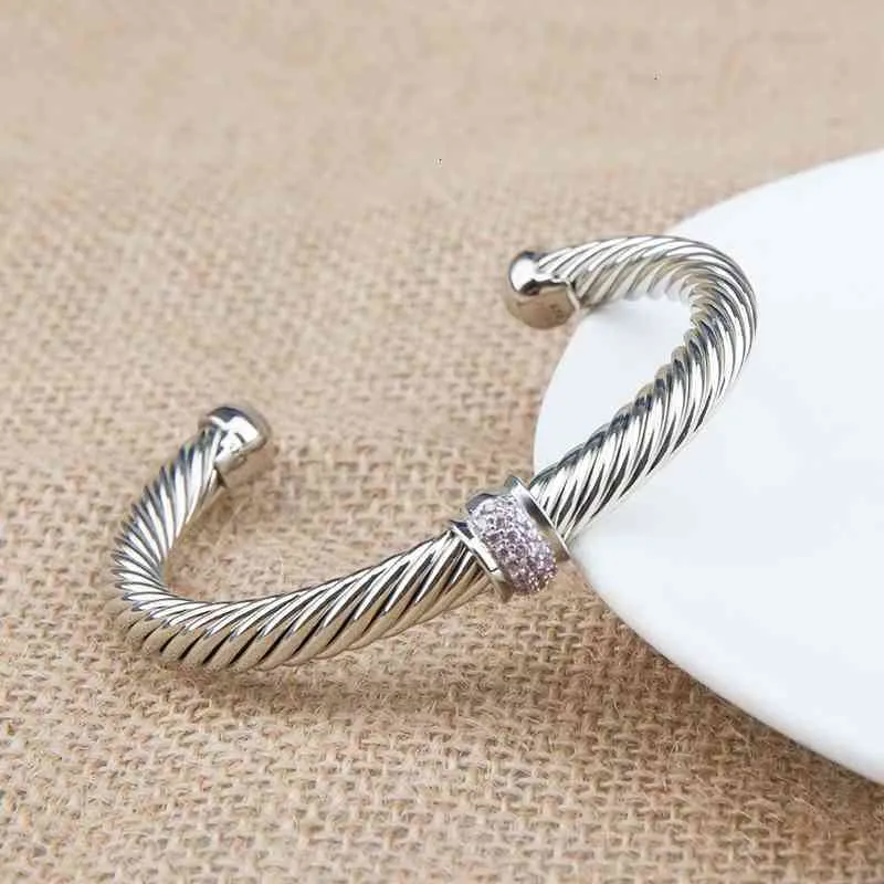 Cable Bangle Bracelet With Zircon For Women Silver Classics_voghion.com
