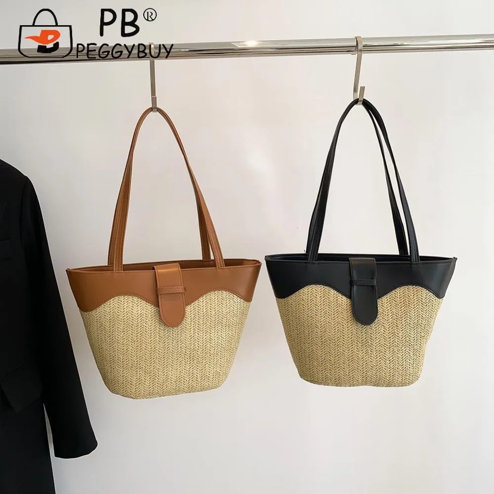 Borsa a tracolla da donna alla moda, grande capacità, in paglia, casual, con cerniera, con manico superiore, leggera e traspirante._voghion.com