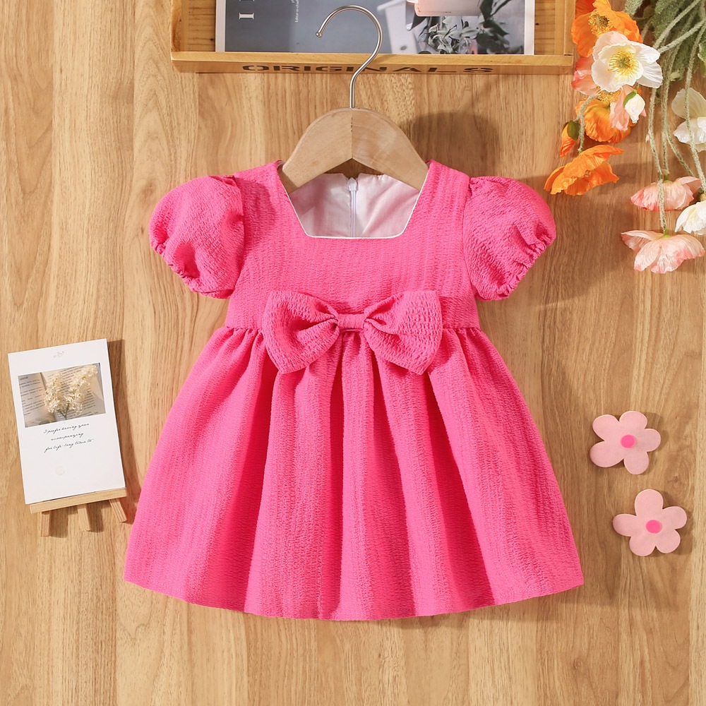 Vestido de verano de manga corta para niña, color liso, con mangas abullonadas y lazo, ropa cómoda para niños_voghion.com