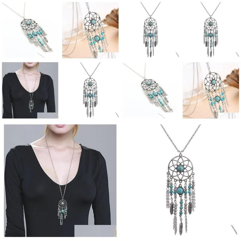 Collane acchiappasogni, ciondolo turchese acchiappasogni, collana a catena lunga, gioielli Bohemia Drop Delivery Nec Dhor3_voghion.com