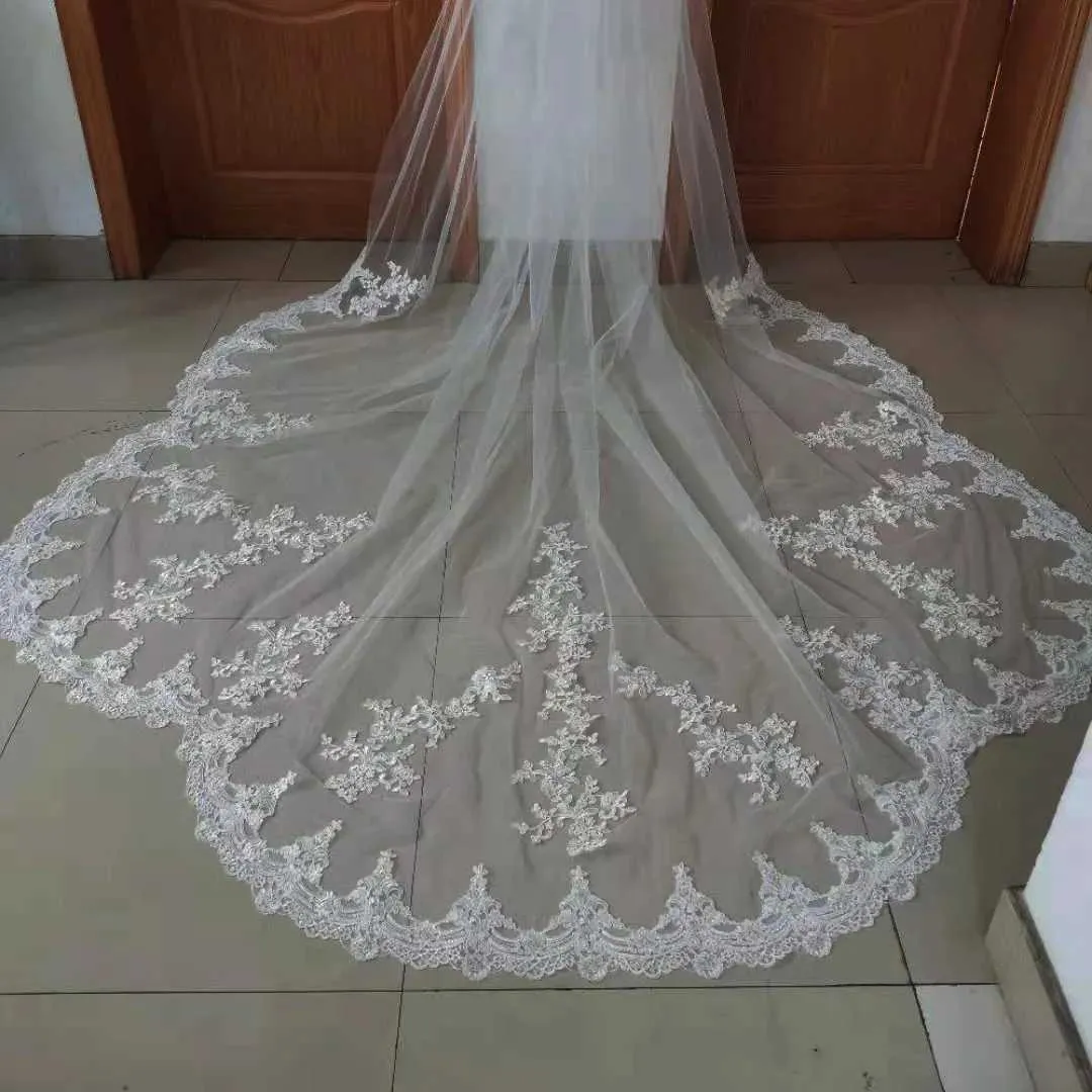 Hair Jewelry new Hot White/Ivory Beautiful Cathedral Length Lace Edge Wedding With Comb Long Bridal Veil Mariage plus_ipsvogv.com