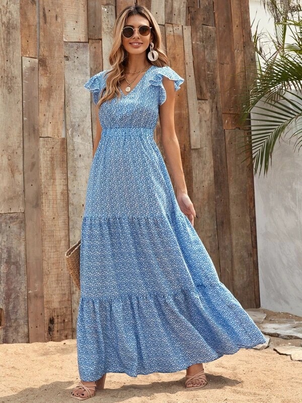 Abito lungo da donna con scollo a V, vita alta, stampa floreale, maniche corte e strati, modello hot 2024_voghion.com