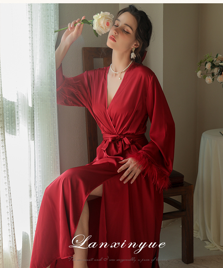 Dameskleding bruid bruid ochtendjurk dames veren nachtjapon bruiloft make-up bruidsmeisjes bruiloft kimono satijnen lange badjas_voghion.com