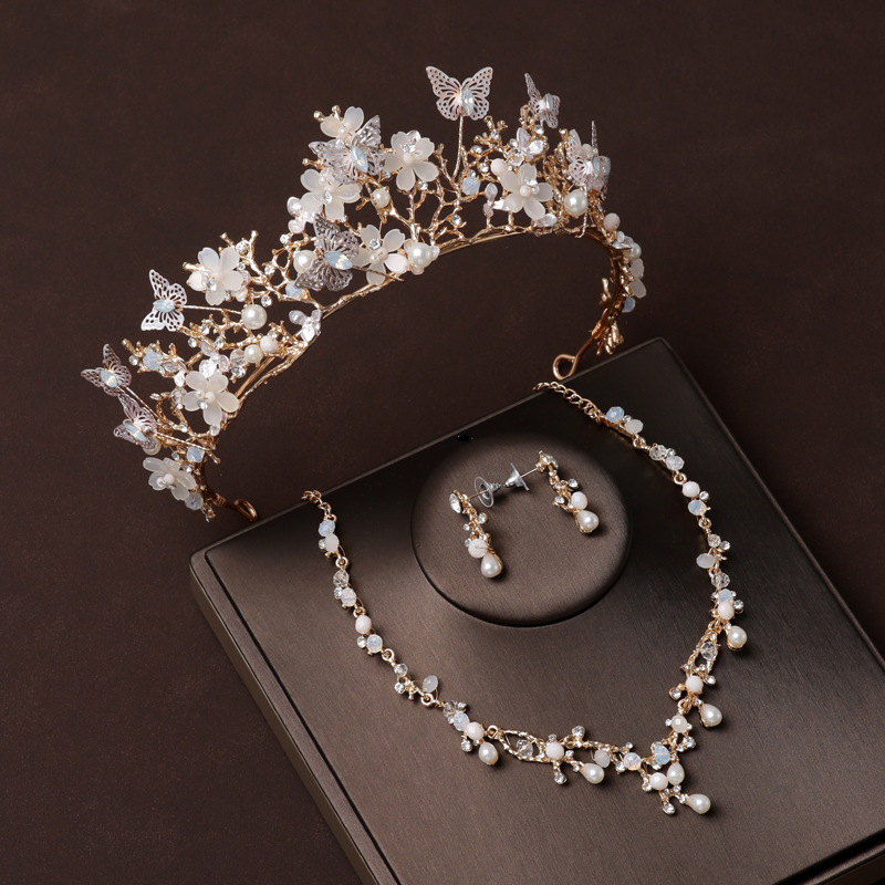 Dreiteiliges Brautkronen-Set, hochwertige Brautkleid-Accessoires, Kronen-Kopfschmuck-Halskette, weibliche Waldschmetterlings-Haar-Accessoires_voghion.com