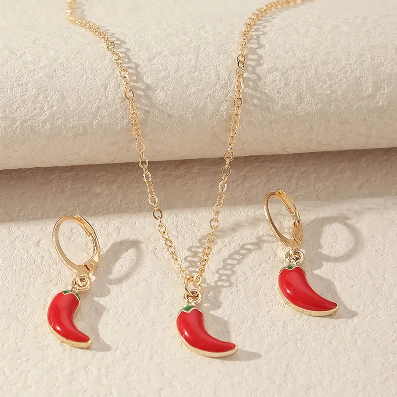 Collana Orecchini Set Coreano Carino Piccolo Rosso Smalto Ciondolo Clavicola Catena Con Peperoncino Gioielli Donna Festa_voghion.com