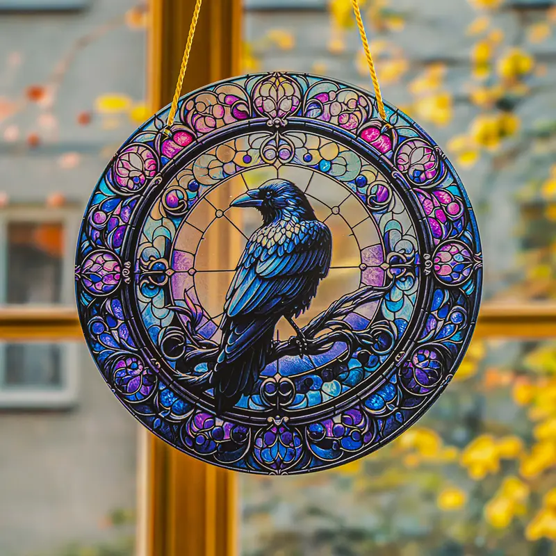 Raven In Tophat Suncatcher - 8" Whimsical Acrylic Art. Gothic Farmhouse Decor For Porch Or As A Quirky Gift._voghion.com
