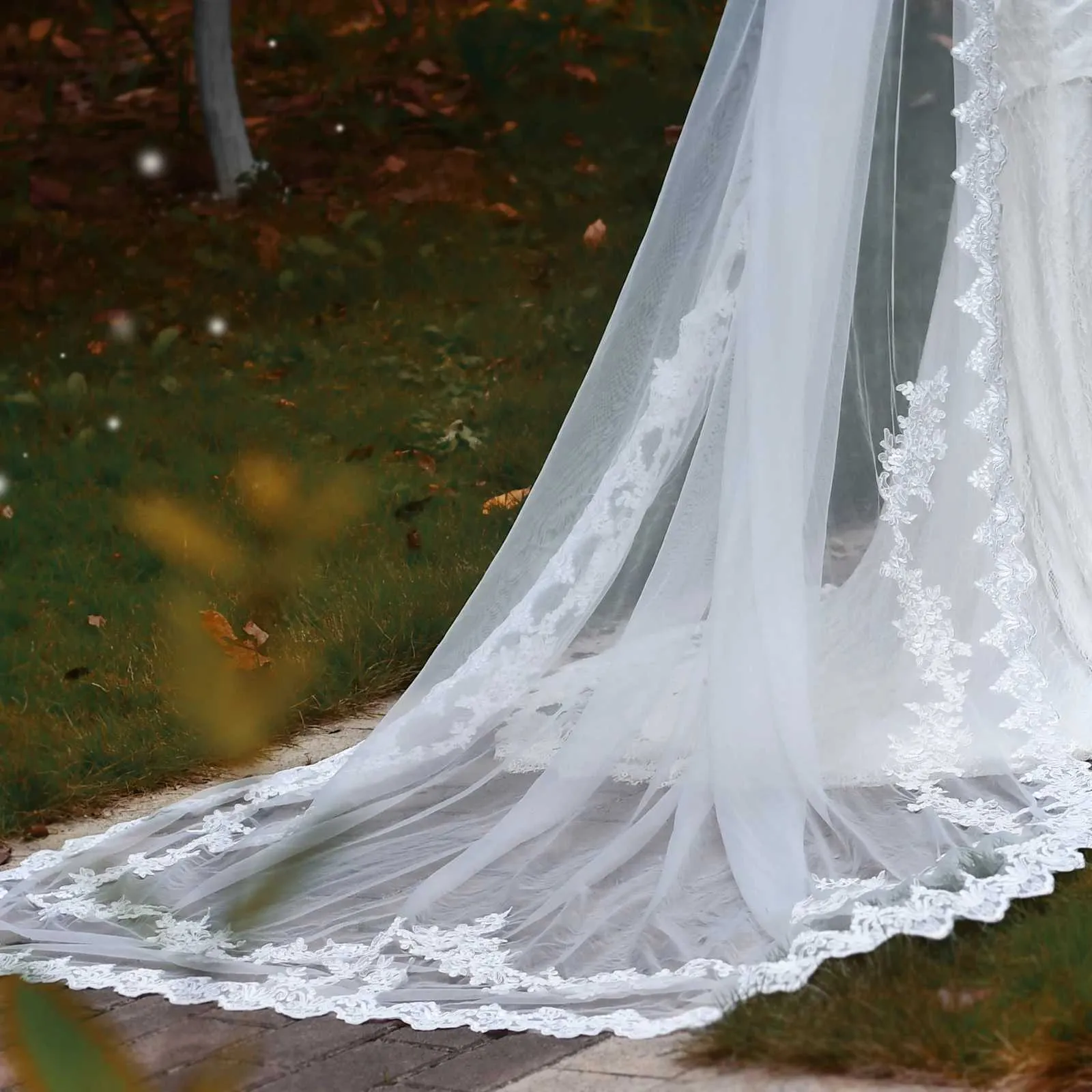 Gioielli per capelli V110 Velo lungo con applicazioni in pizzo Veli da sposa a 1 strato Cattedrale Morbido Tulle Accessori per abito da sposa per la sposa_voghion.com