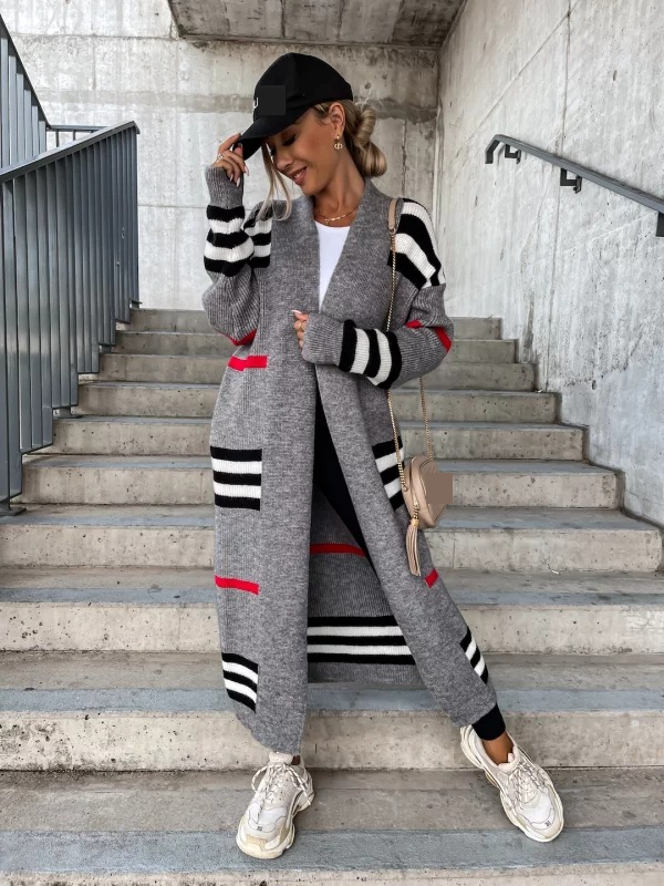 Women's long cardigan striped knit cardigan sweater