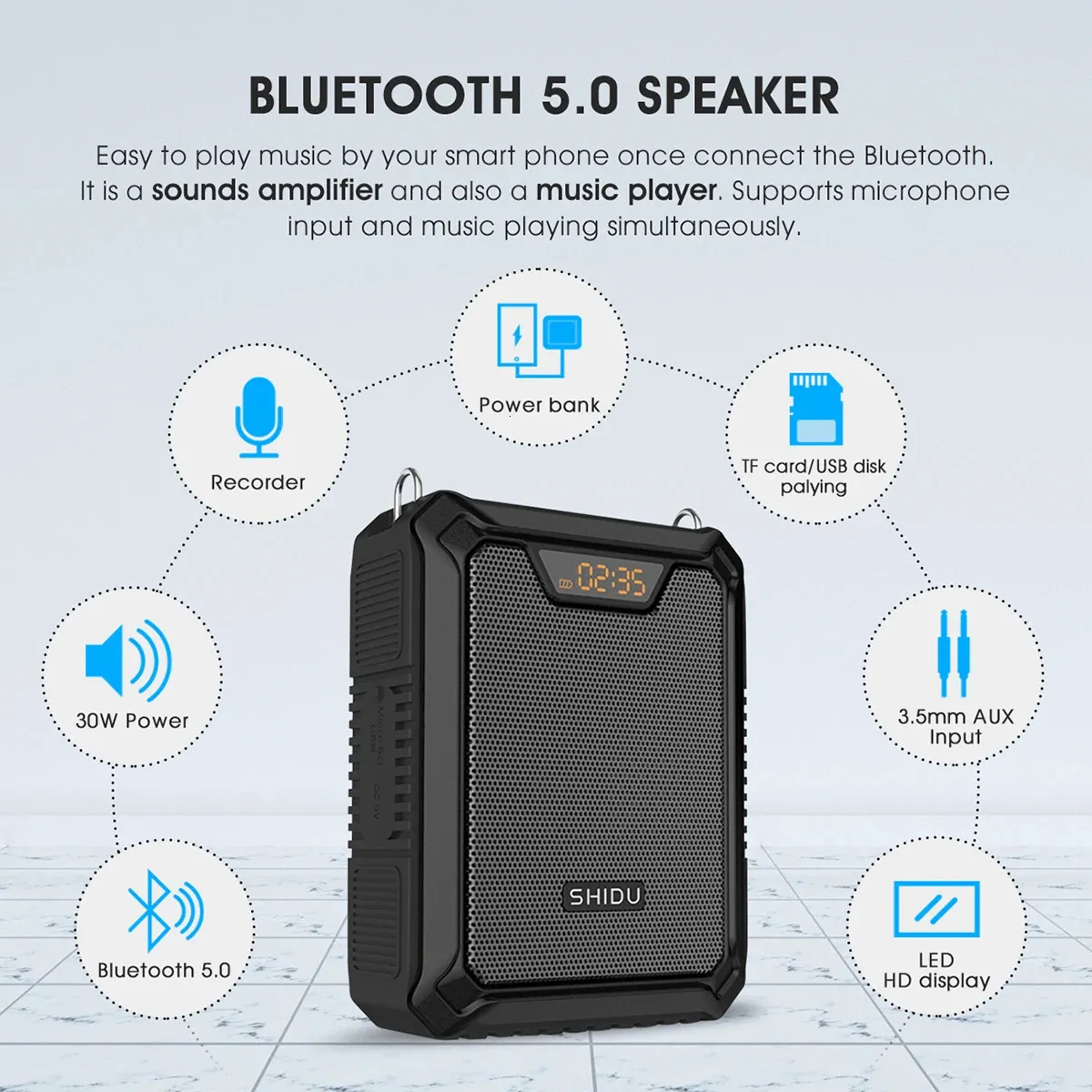 Microphones SHIDU 30W Waterproof Portable Audio Voice Amplifier Loudspeaker Bluetooth Speaker With Wired Mic For_voghion.com