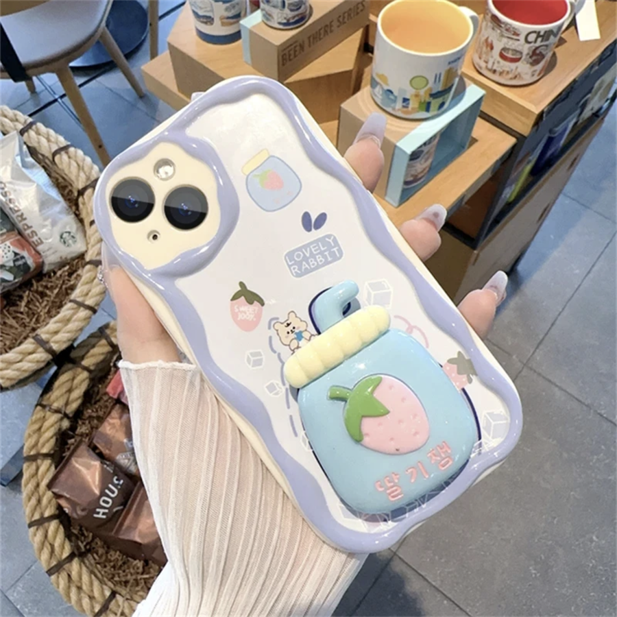 3D Wave Hülle Kompatibel für I 15 14 13 12 11 PRO MAX XR XS X 8 7 6 6S PLUS Erdbebensichere ästhetische Erdbeermilchtee- und Armbandhülle_voghion.com