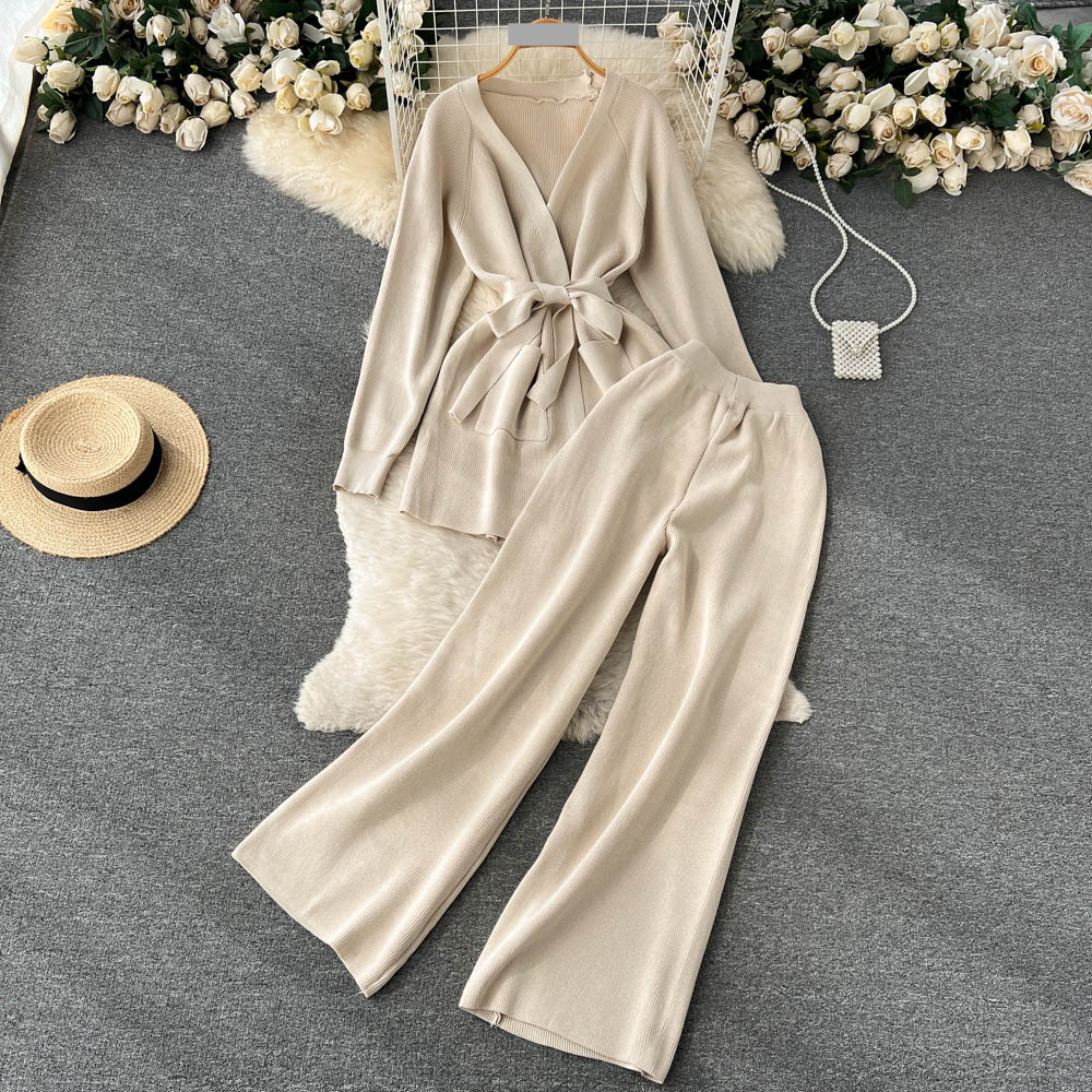 Women's Clothing Autumn two-piece suit niche design tie waist long sleeve knitted cardigan jacket high waist loose wide leg pants