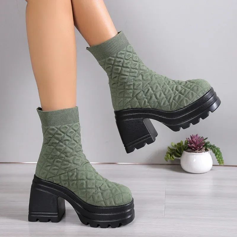 Frauen Stricken Chunky Winter Stretch Socken Stiefel Weibliche Herbst Mode Plattform Slip auf Square Heel Botas De Mujer_voghion.com