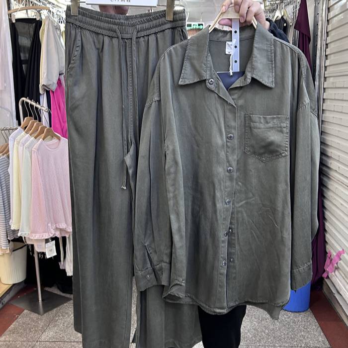 Damen Set Aus Tencel Jeanshemd Und Weit Geschnittener Hose_voghion.com
