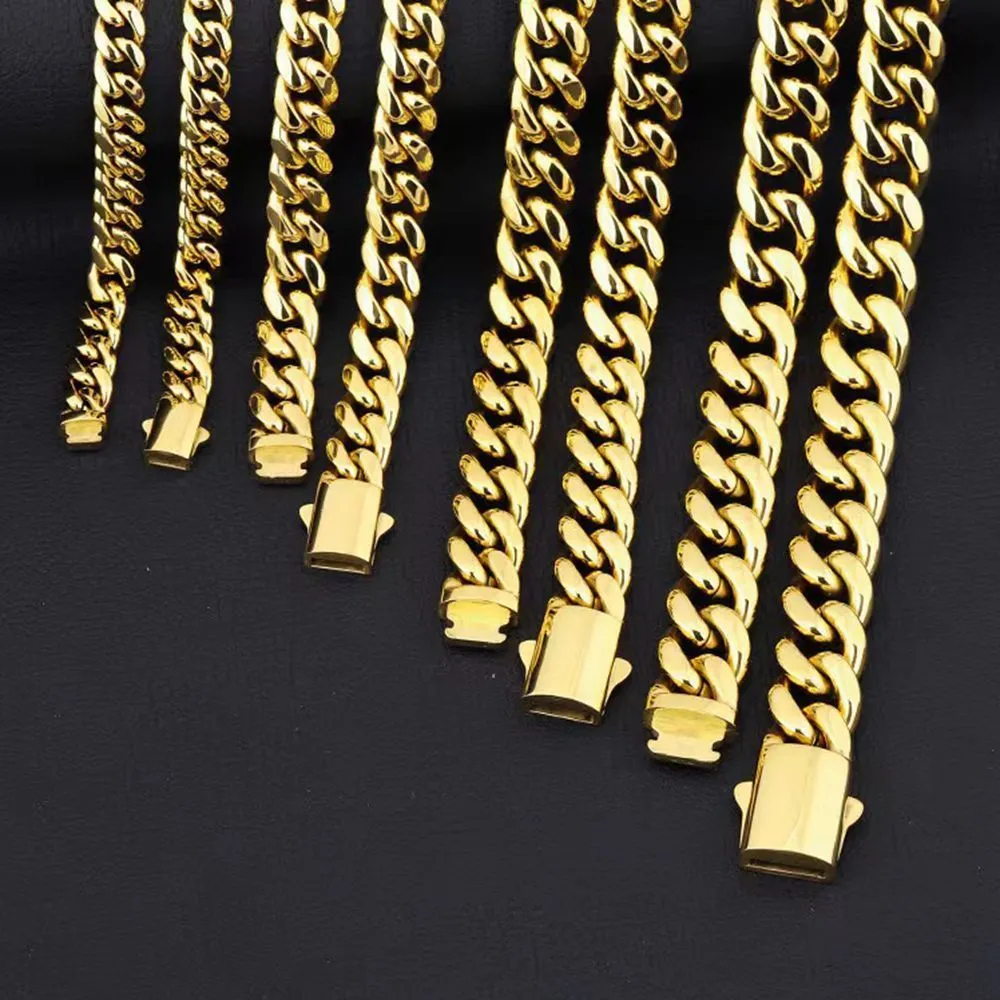 Collana con catena a maglie cubane Miami in acciaio inossidabile Hip Hop da 6 mm a 14 mm, set di gioielli con accessori placcati in oro liscio_voghion.com