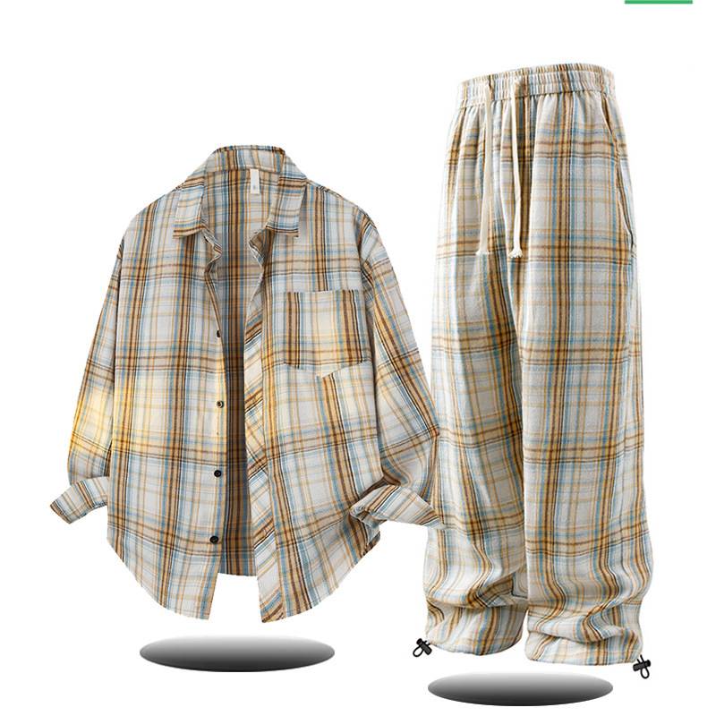 Conjunto de camisa e calça masculina inspirado – calça xadrez de manga comprida com botões e calça casual (roupa de rua retrô para adolescentes e jovens adultos)_voghion.com