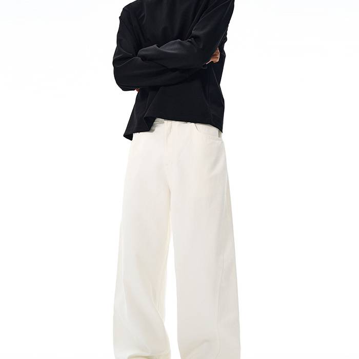 Baggy Twill Cotton Pants Unisex High-Waisted Wide-Leg Trousers, Deconstructed Hem, 100% Cotton, Streetwear (Black/Brown/White, Oversized Fit)​_voghion.com