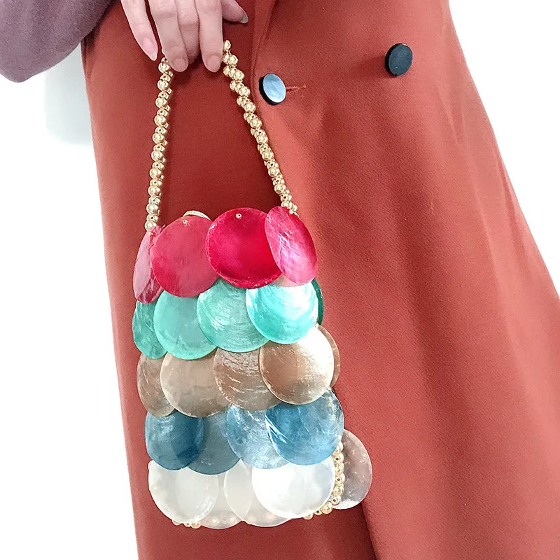 Borse da sera fatte a mano intrecciate con conchiglia rotonda, a tracolla, con paillettes, a catena, a tracolla, da donna, per telefono, portafoglio, pochette da festa_voghion.com