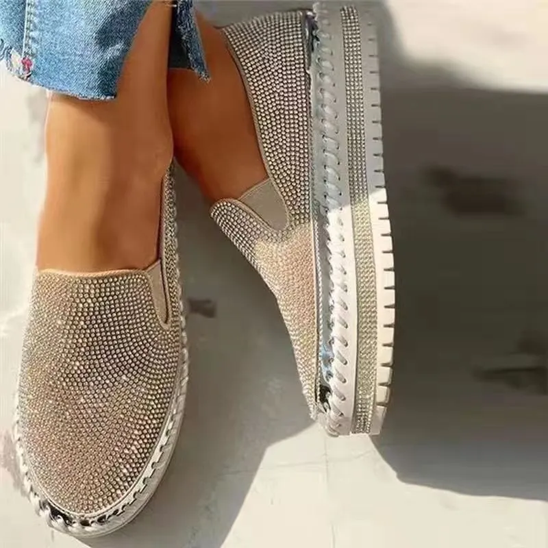 Ladies Flat Sequined Sneakers Casual Women's Mesh Lace-up Fine Dia Sequins Thick-soled Comfortable Vulcanized Shoes_voghion.com