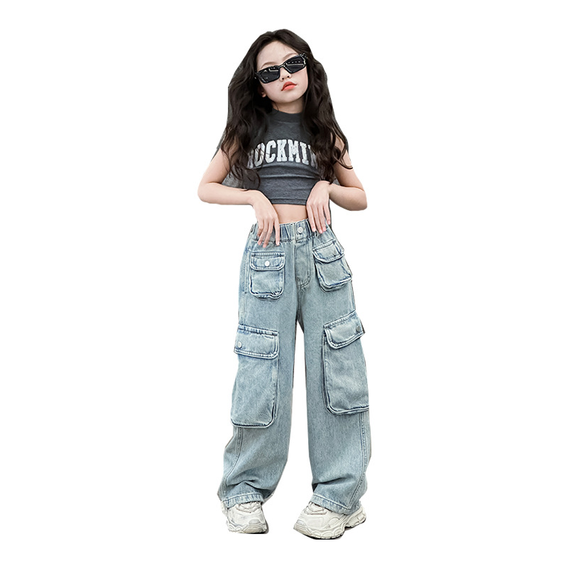 Jeans à grande poche pour filles, salopette ample pour garçons et filles, pantalons pour enfants_voghion.com