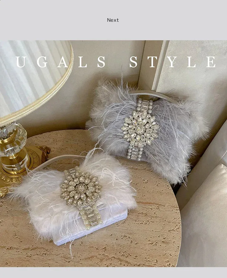Ostrich Feather Evening Bag With Pearl Details For Women Party_voghion.com