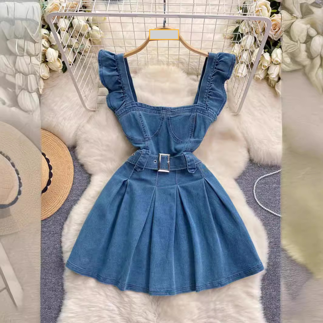 Vêtements pour femmes vêtements pour femmes rajeunissant style collégial doux manches volantes robe à bretelles femme rétro denim une ligne jupe courte tendance