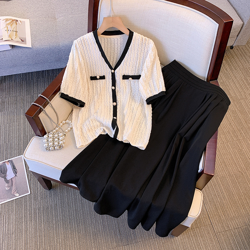 women's Clothing Fat Mm Summer Wear V-neck Jacquard Hollow Cardigan Top A-line Skirt Small Style Meat-covering Two-piece Suit