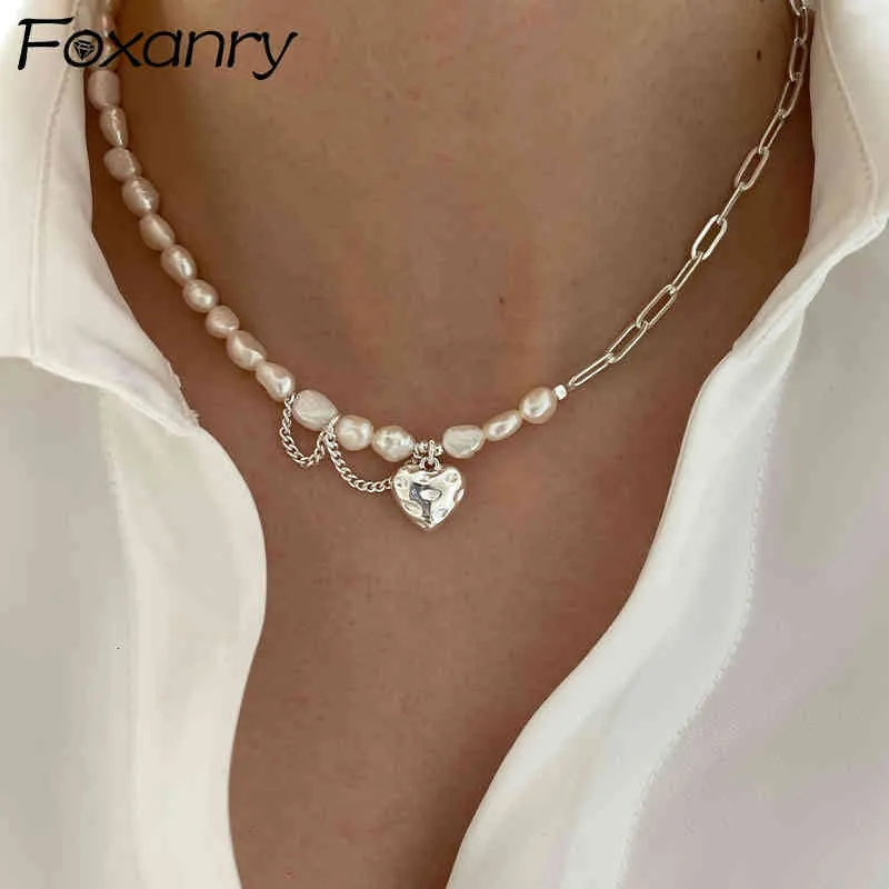 Collana Foxanry in argento Sterling per donna, elegante e alla moda, con catena asimmetrica, perle lisce, cuore d'amore, gioielli da sposa per amanti_voghion.com