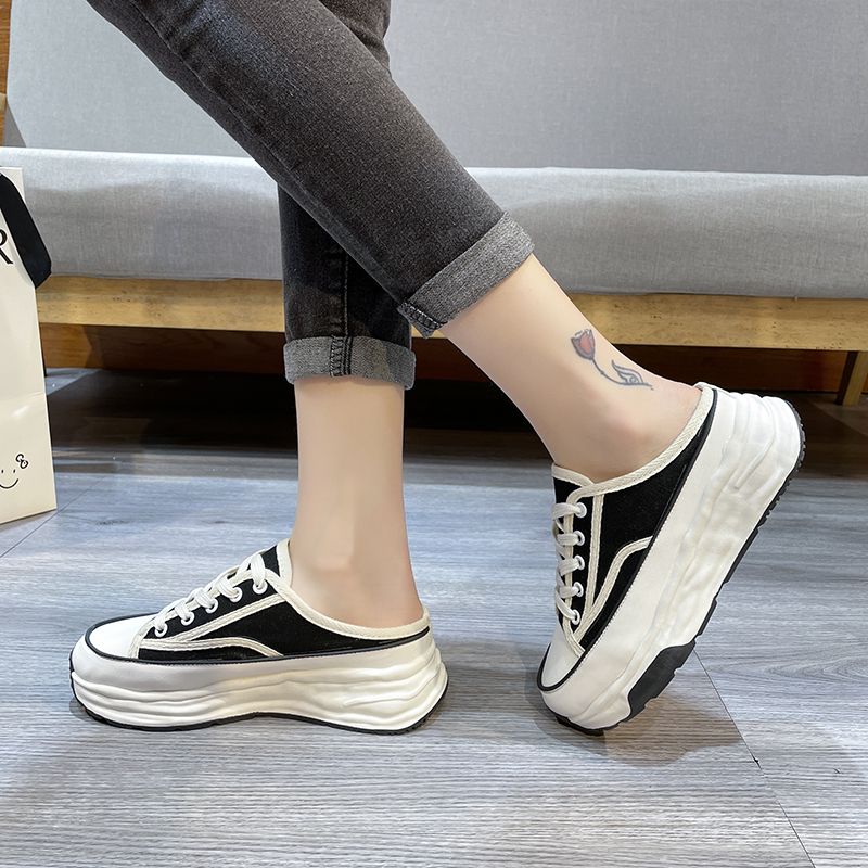 Pantofole casual in tela con lacci e stile Baotou, metà nuovo, primavera-autunno, moda donna 2023_voghion.com