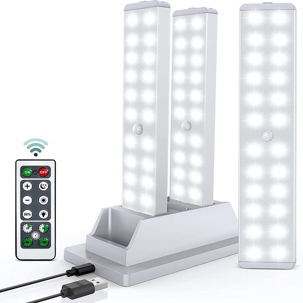 24 LED Bewegungssensor Kleederschafbeliichtung mat Ladestation Fernbedienung USB nofëllbar drahtlos Nuetslampe ënner dem Schrank_voghion.com