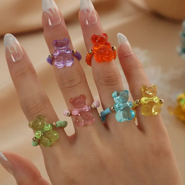 Vente chaude 6 ensembles de bagues d'ours mignonnes et romantiques pour femmes, bagues réglables en résine de couleur gelée innovante, bijoux cadeau de Saint-Valentin_voghion.com