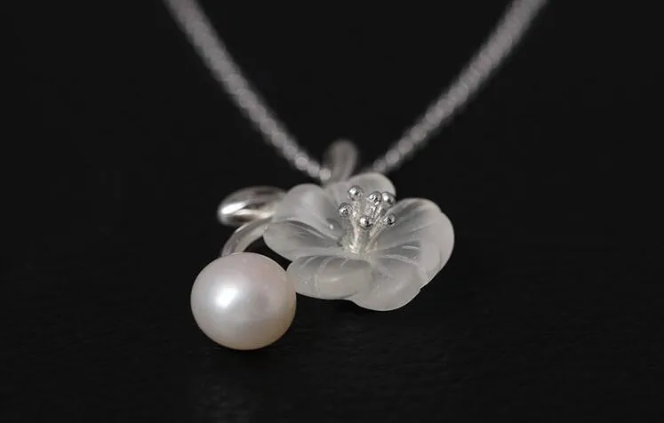 Anheng Halskjeder Ekte Sterling Sier Håndlagde Designer Fine Smykker Hvit Naturlig Perle Delikat Plommeblomst Blomst_voghion.com