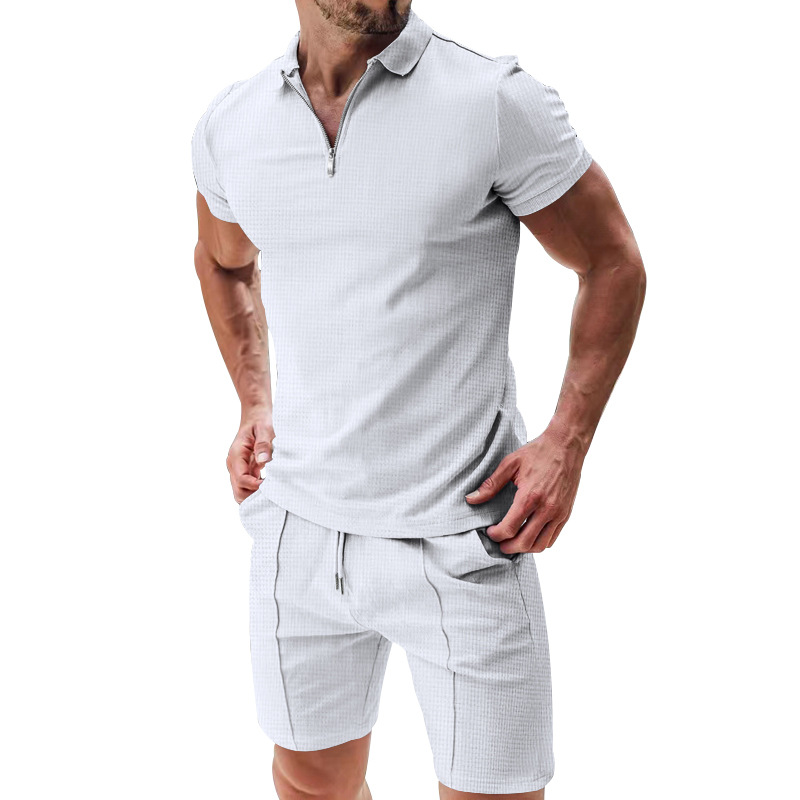 Men's Short Sleeve Shorts Casual Summer Waffle Solid Color Loose Fit Turn-down Collar T-shirt Set_voghion.com