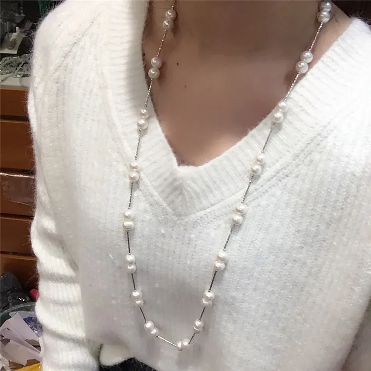 Kædestil Lang Sweaterkæde Naturlig 8-9mm Hvid Nær Rund Ferskvandsperlehalskæde Modesmykker_voghion.com