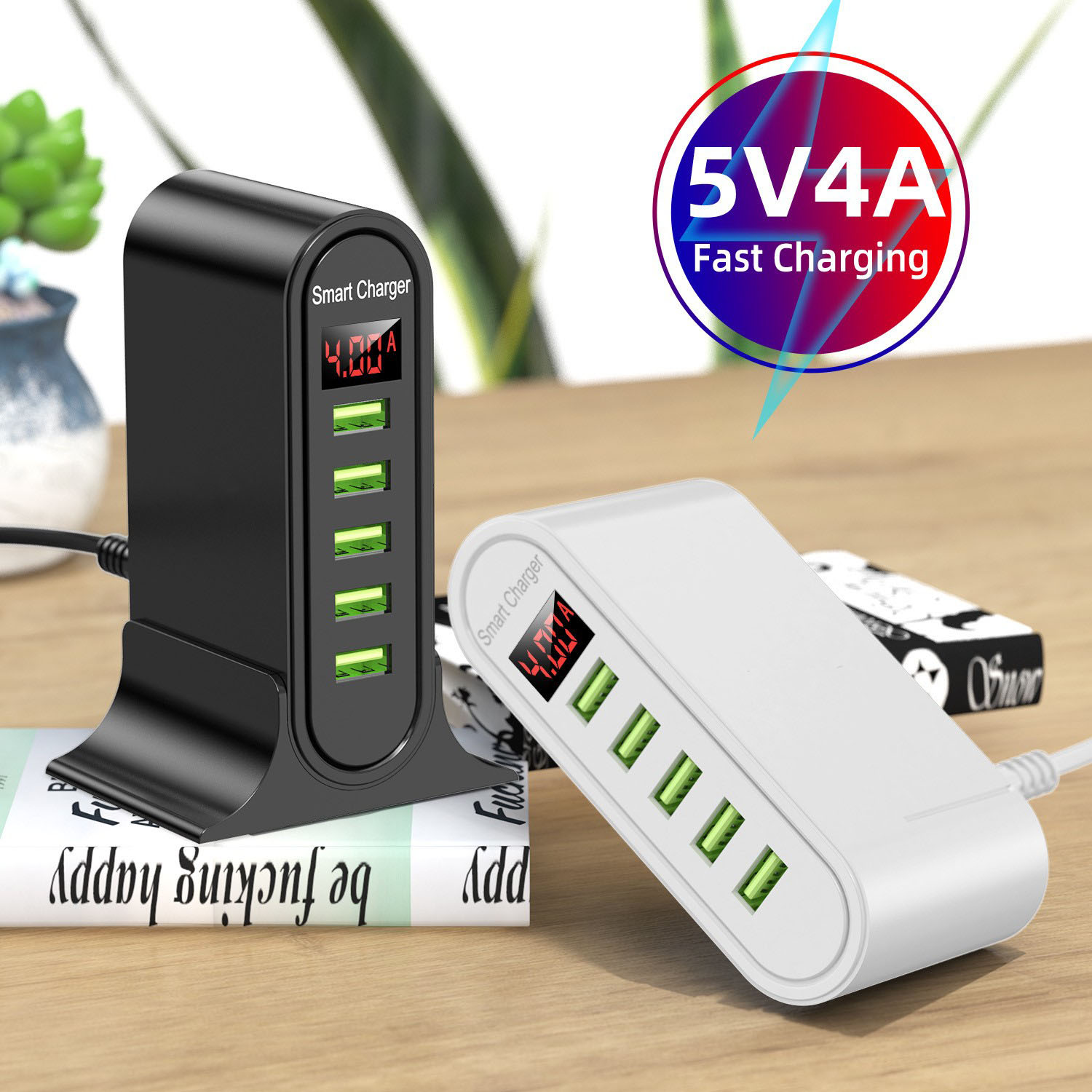Cargador USB multipuerto de 5 V y 4 A, estándar americano, europeo, vertical, universal, con 5 puertos USB, cargador inteligente para viajes con pantalla digital_voghion.com