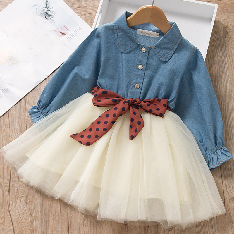 Due abiti finti per ragazze Gonna in denim alla moda a maniche lunghe Gonna con cintura a pois