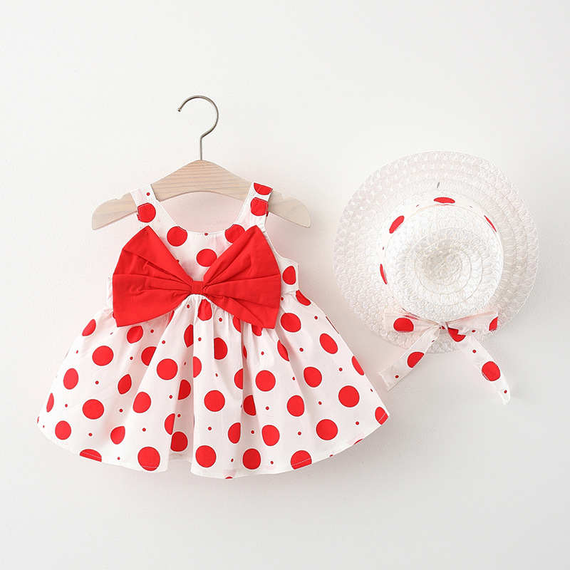Retro Polka Dots Infant Girl Dress Sweet Big Bow Sleeveless Dress Fashion Summer Dress Send Hat_voghion.com