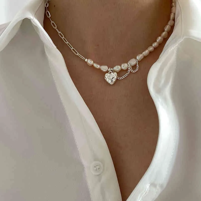 Collana Foxanry in argento Sterling per donna, elegante e alla moda, con catena asimmetrica, perle lisce, cuore d'amore, gioielli da sposa per amanti_voghion.com