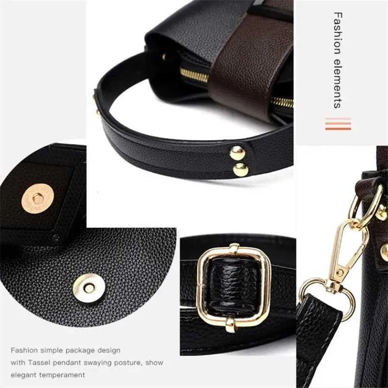 Borsa a secchiello in pelle da donna, elegante, con manico superiore, comoda tracolla, design alla moda, borsa a mano, tracolla_voghion.com