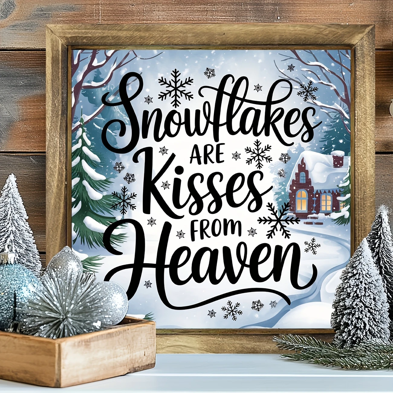 Rustic 'Snowflakes Are Kisses From Heaven' Wooden Frame - 8x8" Handcrafted Winter Decor. Perfect For Bedroom Or Festive Entryway._voghion.com