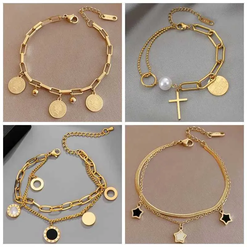 Pulsera de charm multicapa de acero inoxidable oro para mujer retro_voghion.com