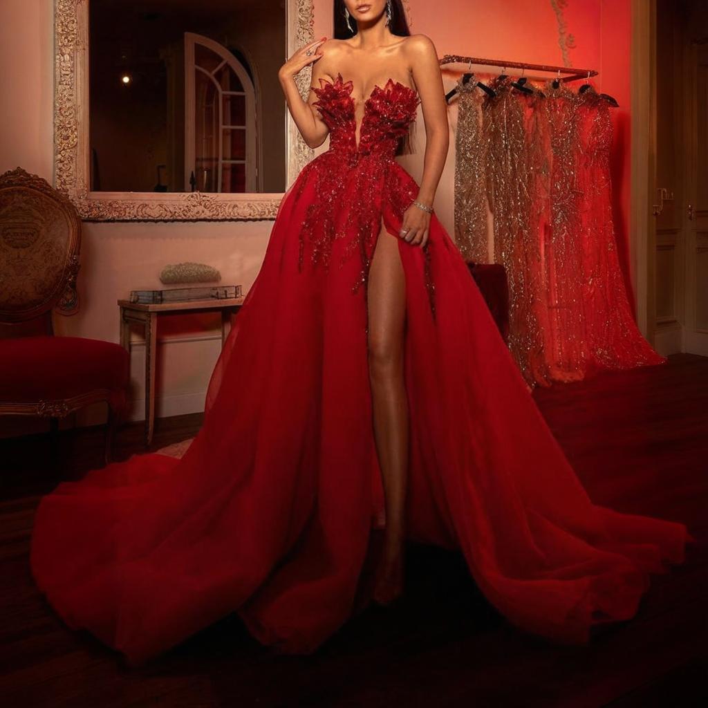 Elegant Off-Shoulder Embroidered Sequin Maxi Dress For Women – Flowy A-Line Formal Gown With Lace-Up Detail (Red)