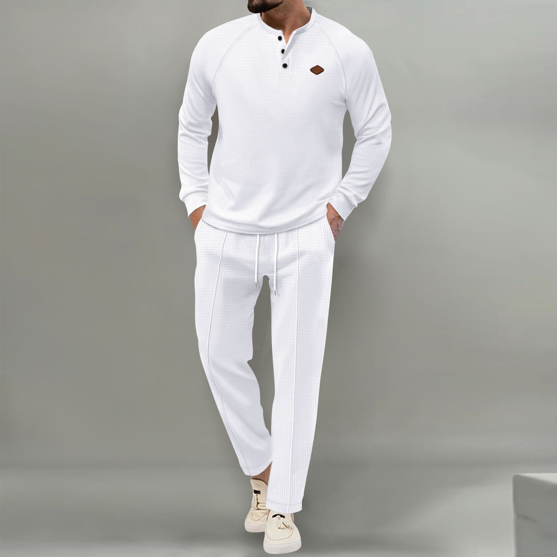 2024 Spring and Autumn New Men's Solid Color Waffler Henley Long sleeved Pants Set_voghion.com