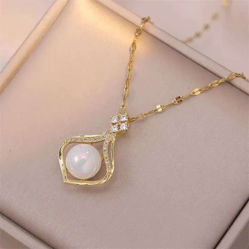 Anhänger Halsketten Exquisite Mode Meerjungfrau Perlenkette Retro Abendessen Leichte Vielseitige Edelstahl Schlüsselbeinkette_voghion.com
