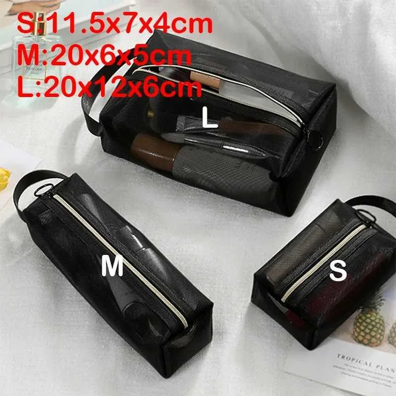 Nouveau petit sac de rangement de toilette de voyage portable en maille transparente noire pour cosmétiques Y241023_voghion.com