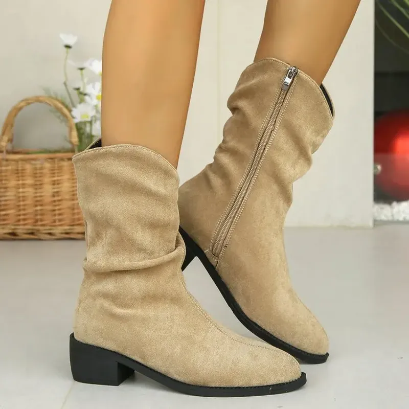 Retro Women Western Cowgirl Fashion Pointed Toe Shoes Autumn Winter Low Heel Ladies Knight Mid Calf Boots Botas De Mujer_voghion.com