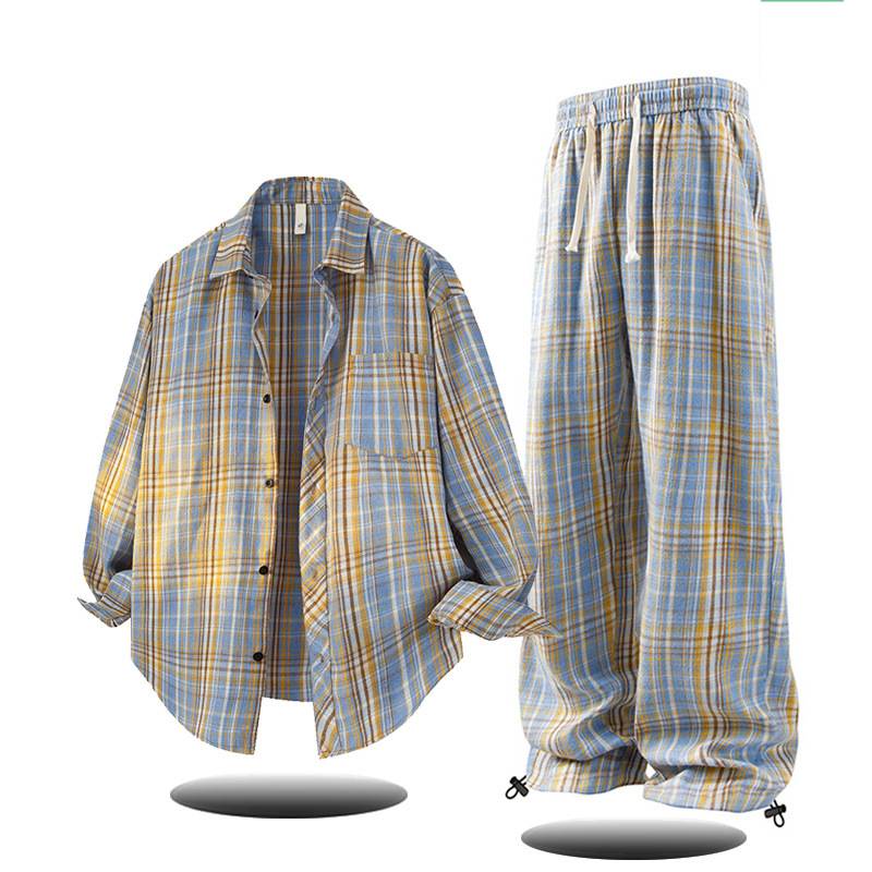 Conjunto de camisa e calça masculina inspirado – calça xadrez de manga comprida com botões e calça casual (roupa de rua retrô para adolescentes e jovens adultos)_voghion.com