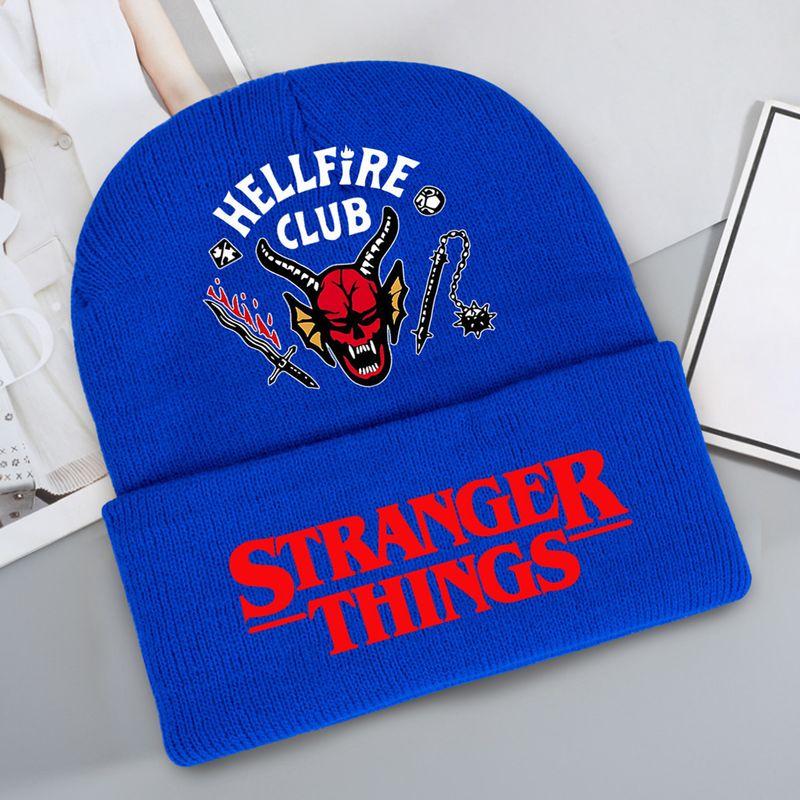 Zhuoxinder Säumen Verdickte Warme Strickmütze Stranger Things 4 Hellfire Club Druck Unisex Beanie Cap Täglich_voghion.com