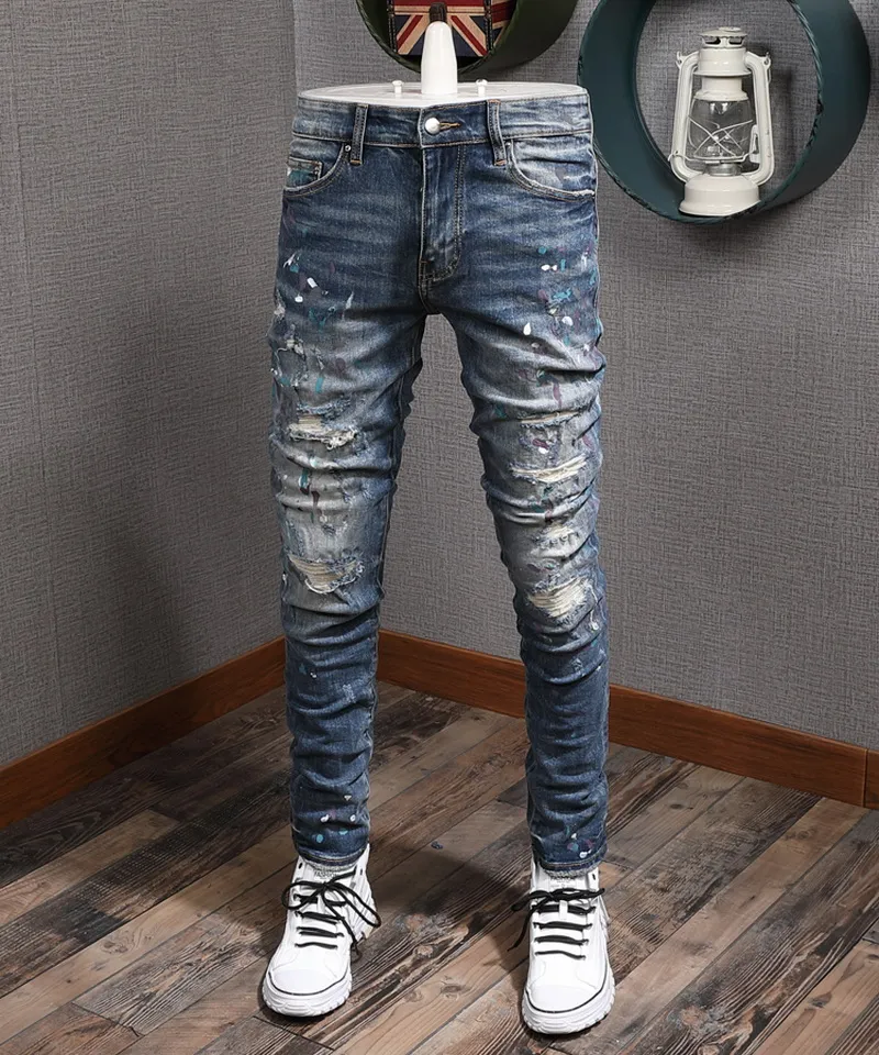 Jean en denim extensible pour homme, coupe motard, coupe slim, patch peint, jambe, pantalon de cowboy_voghion.com