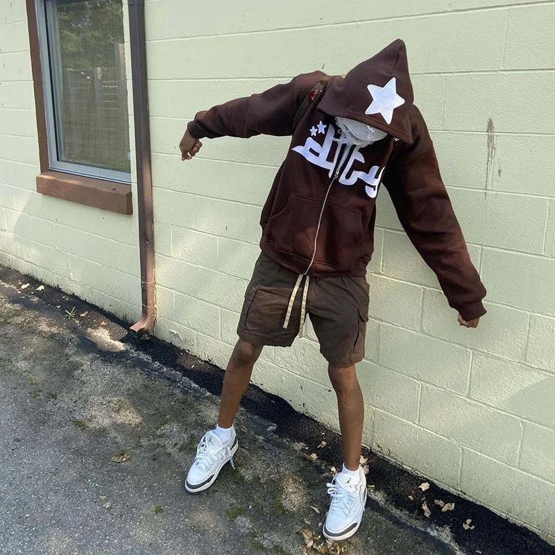 Felpe con cappuccio da uomo Felpe con cappuccio da uomo con lettere a stella stampate Haruku High Street Y2K Streetwear Hip Hop Gothic Zip Up Loose_voghion.com