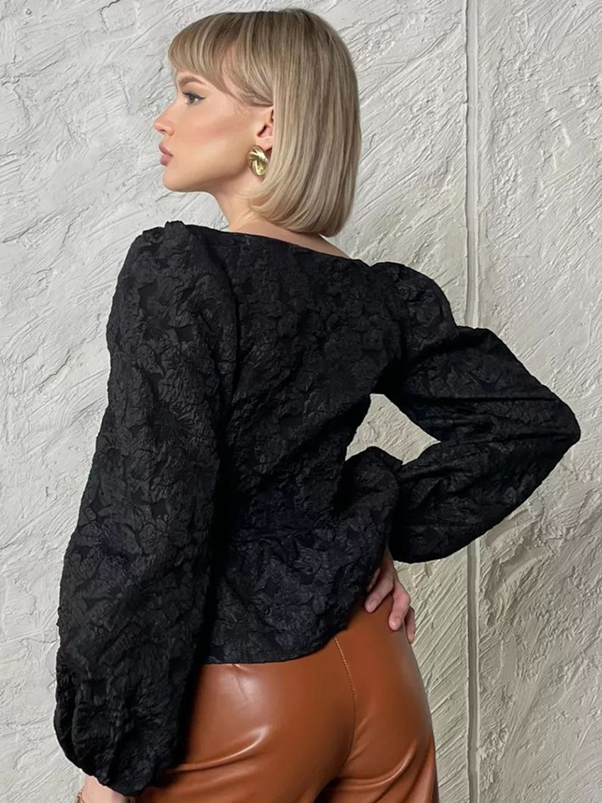 Top a maniche lunghe da donna con maniche a sbuffo jacquard, design versatile, collo quadrato, nicchia_voghion.com